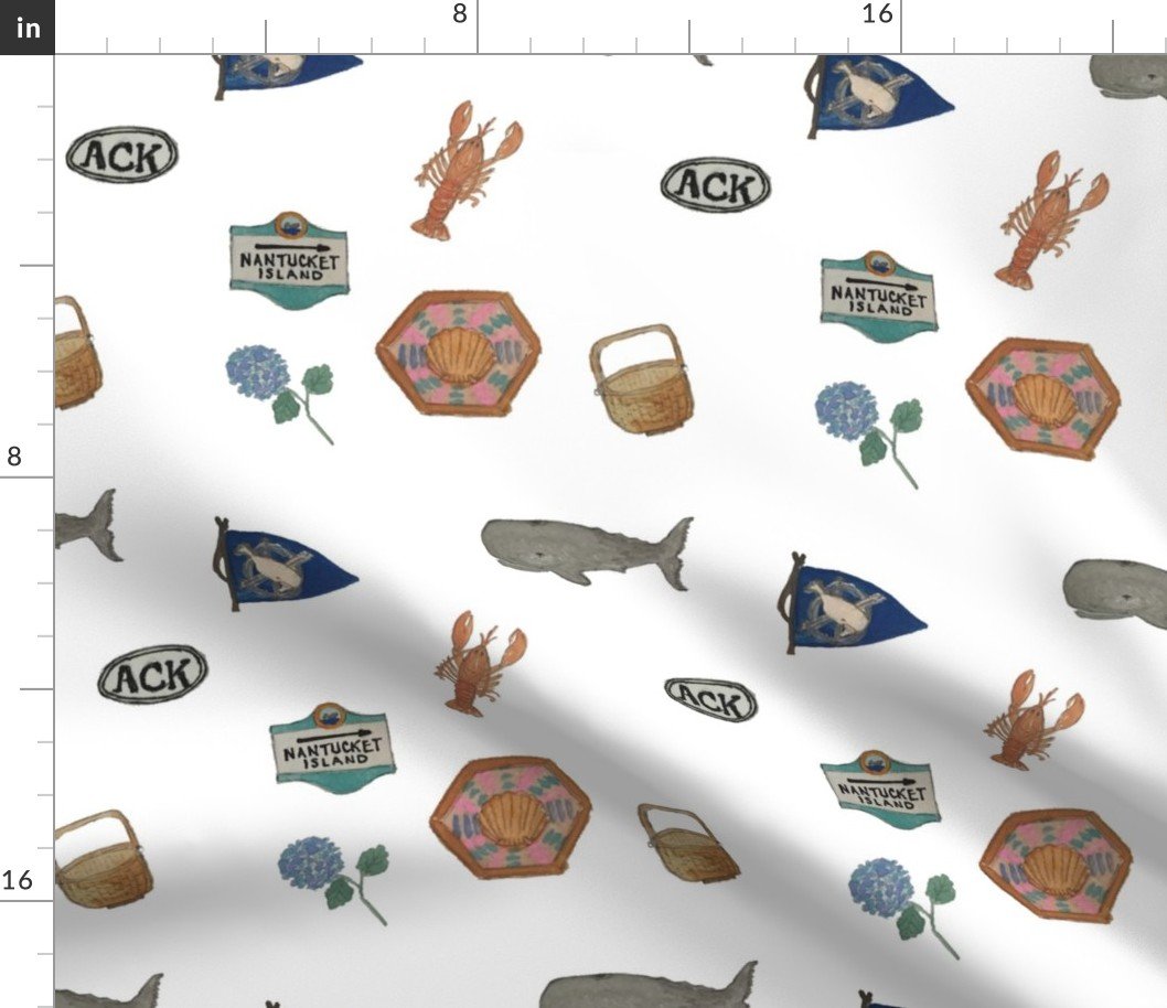 Nantucket Island Hand-Painted Watercolors of its Symbols, Signs and Motifs on White Fabric
