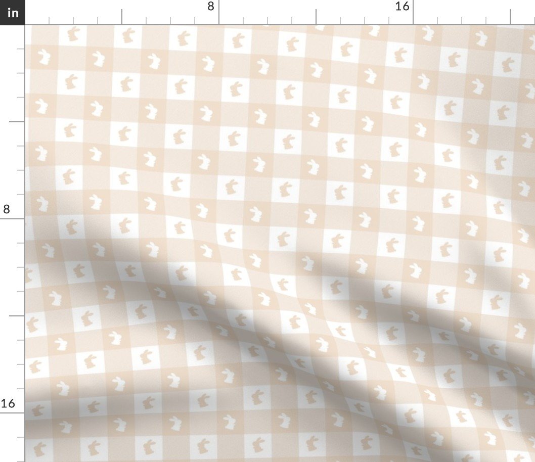 Natural and White Gingham Check with Center Bunny Medallions in Natural and White Fabric