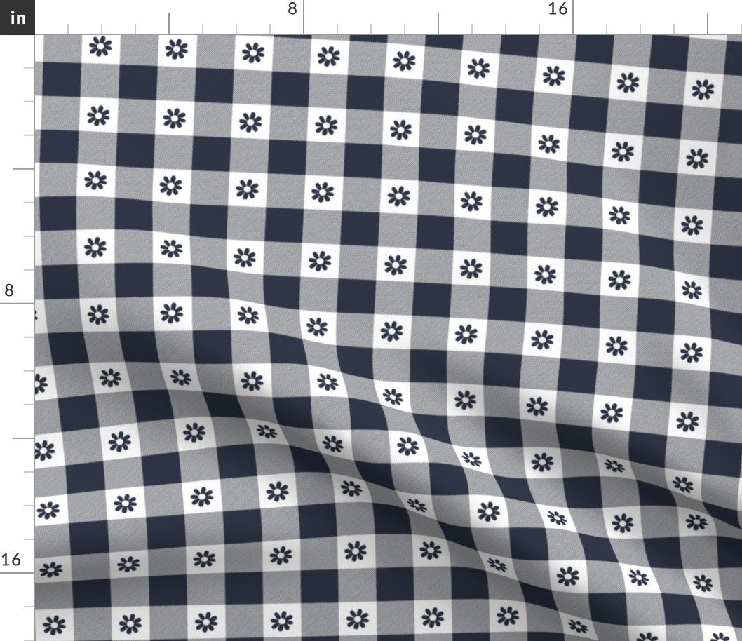 Navy Blue and White Gingham Check with Center Floral Medallions in Navy Fabric