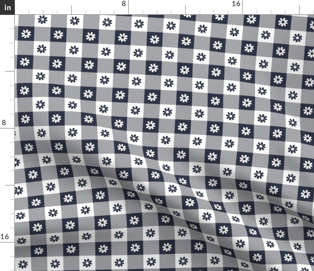 Navy Blue and White Gingham Check with Center Floral Medallions in Navy and White Fabric