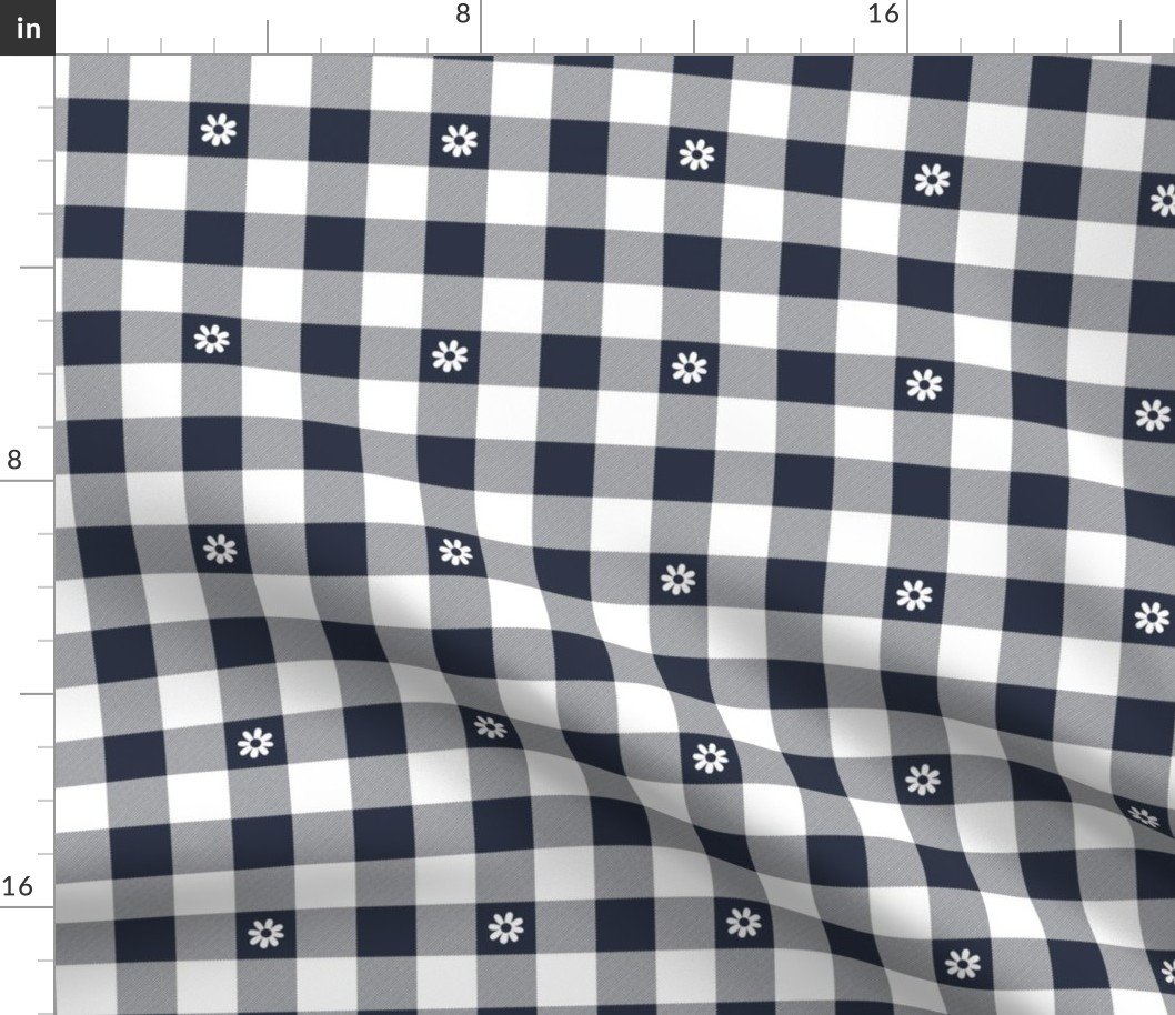 Navy Blue and White Gingham Check with Center Floral Medallions in White Fabric
