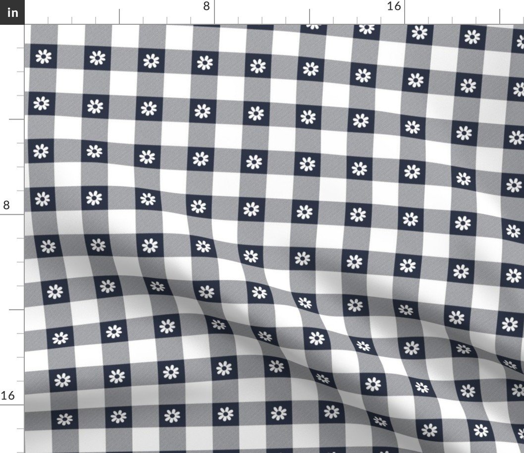 Navy Blue and White Gingham Check with Center Floral Medallions in White Fabric