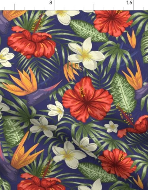 Ocean Blue Hawaiian Hibiscus Birds of Paradise and Plumeria Fabric