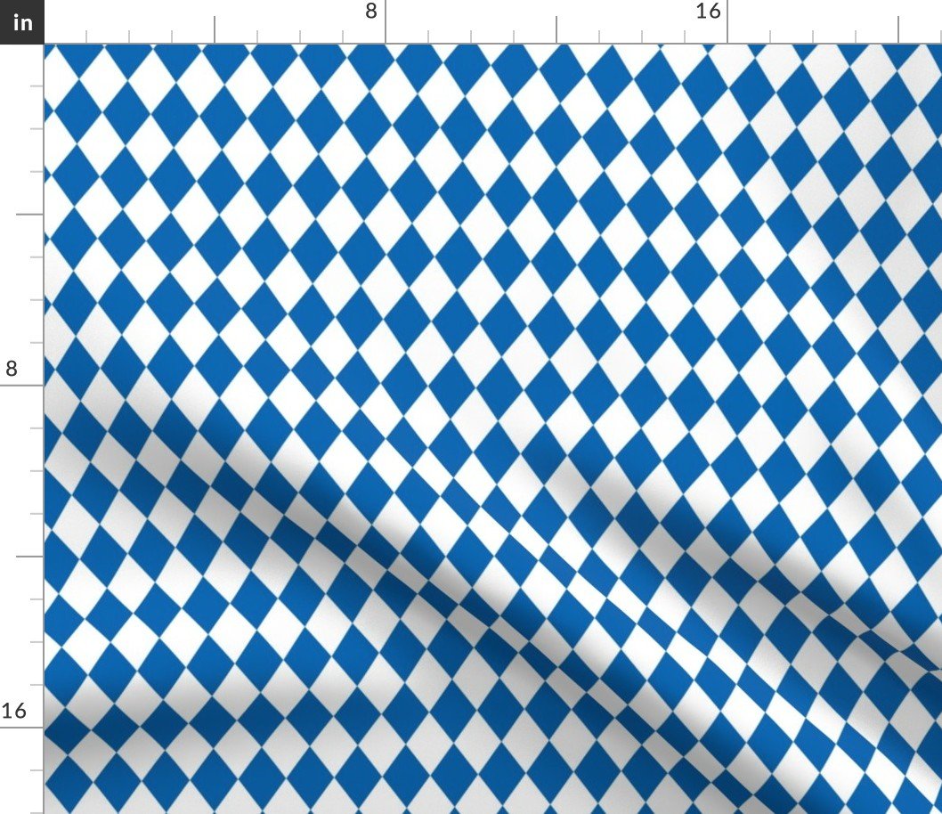 Oktoberfest 1 inch Bavarian Beer House Blue and White Large Diagonal Diamond Pattern Fabric