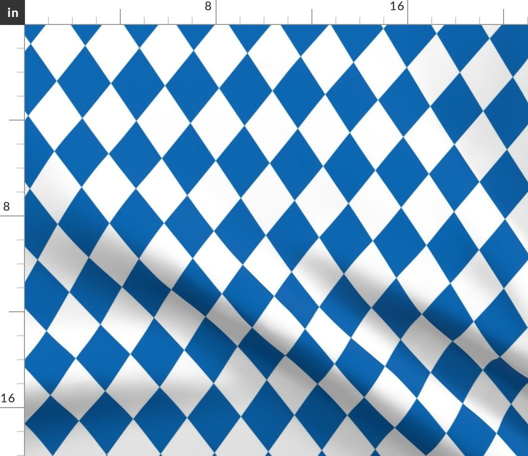 Oktoberfest 2 inch Bavarian Beer House Blue and White Large Diagonal Diamond Pattern Fabric