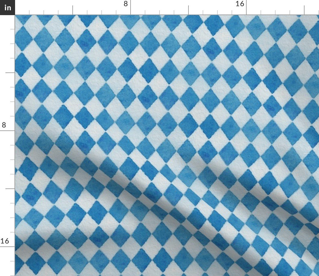 Oktoberfest Bavarian Beer Festival Blue and White Watercolored 1 inch Diagonal Diamond Pattern Fabric