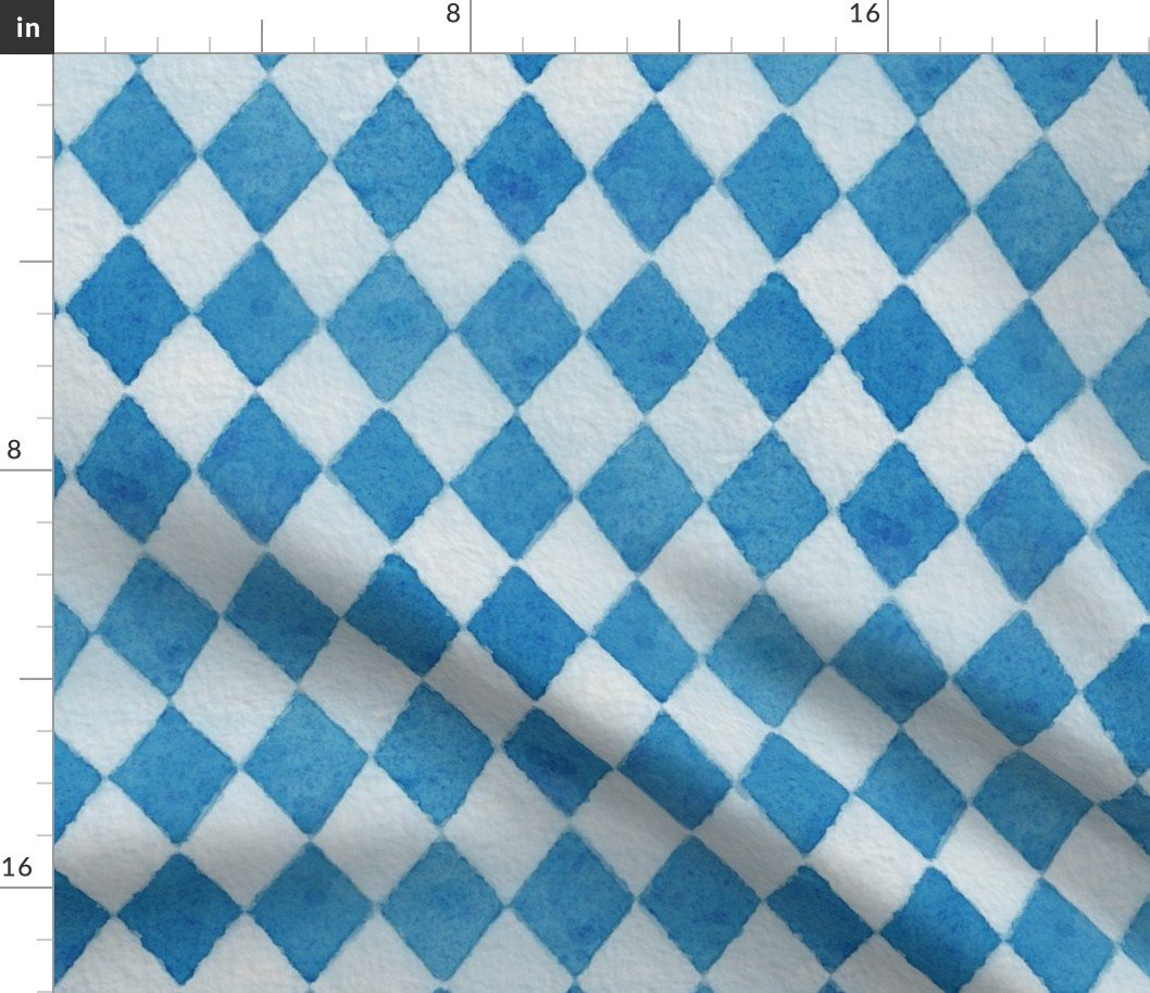 Oktoberfest Bavarian Beer Festival Blue and White Watercolored 2 inch Diagonal Diamond Pattern Fabric