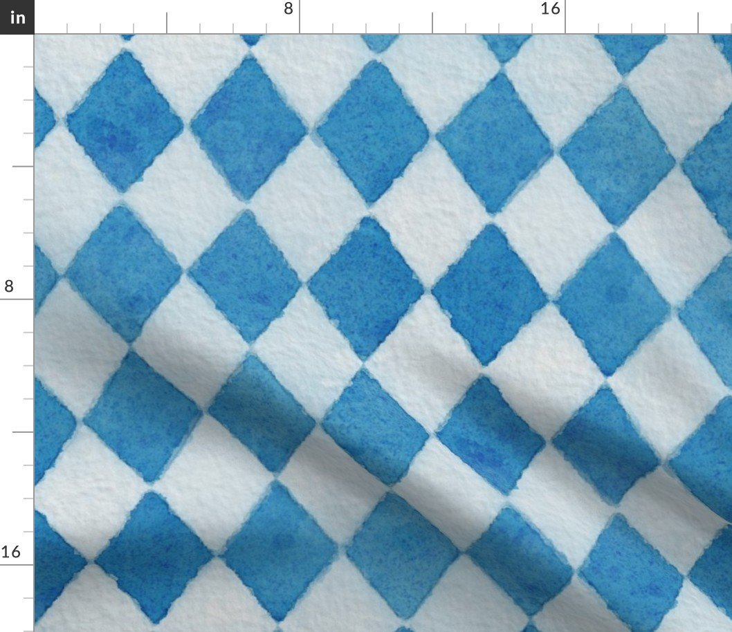 Oktoberfest Bavarian Beer Festival Blue and White Watercolored 3 Inch Diagonal Diamond Pattern Fabric