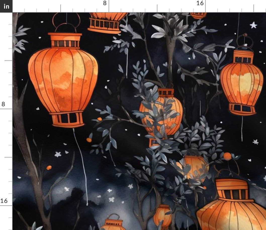 Orange Glowing Chinese Paper Lanterns Watercolor Fabric