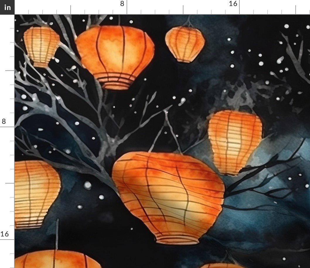 Orange Glowing Chinese Paper Lanterns Watercolor Fabric