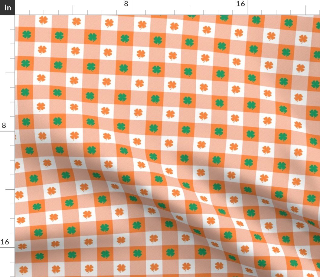 Orange and White Gingham Check with Center Shamrock Medallions in Kelly and Orange Fabric