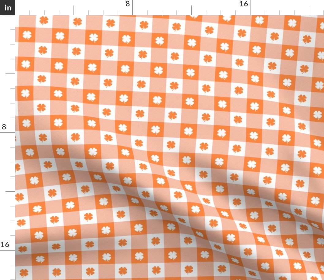 Orange and White Gingham Check with Center Shamrock Medallions in White and Orange Fabric