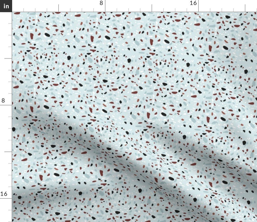 Pale Blue Terazzo Marble Chips in Rust, Coal and Blue Grey Fabric