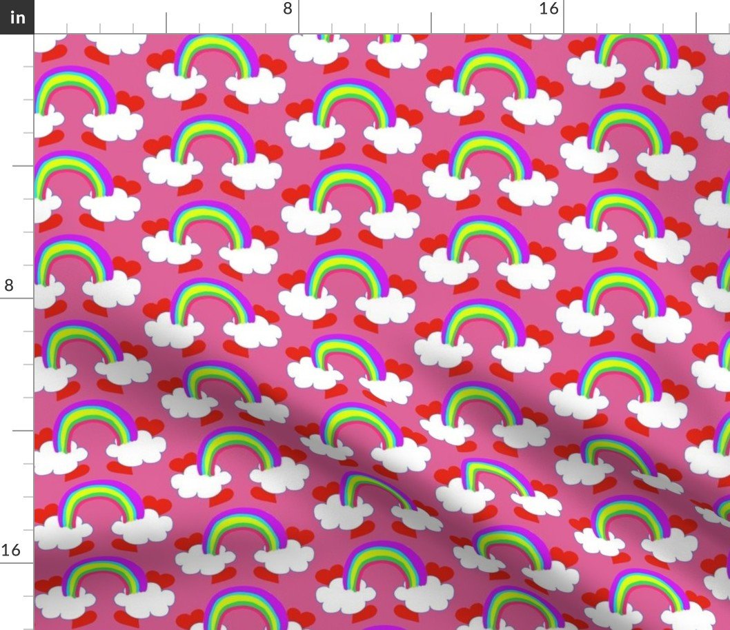 Pastel Rainbow Bridge On Pink with Red Love Hearts and White Clouds Fabric