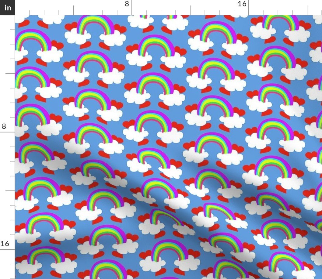 Pastel Rainbow Bridge On Sky Blue with Red Love Hearts and White Clouds Fabric