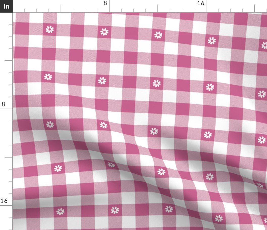 Peony Pink and White Gingham Check with Center Floral Medallions in White Fabric