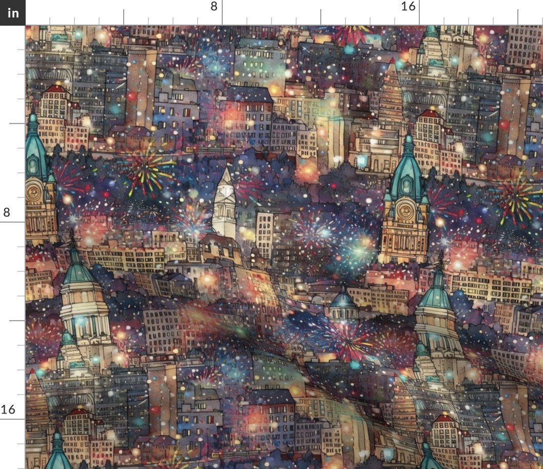 Philadelphia at New Year’s in Watercolors with Fairy Lights and Landmarks Fabric