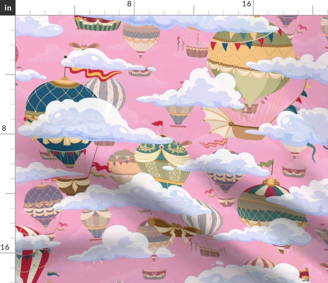 Pink Vintage Ornamental Winged Hot Air Helium Balloons in Clouds Race Fabric