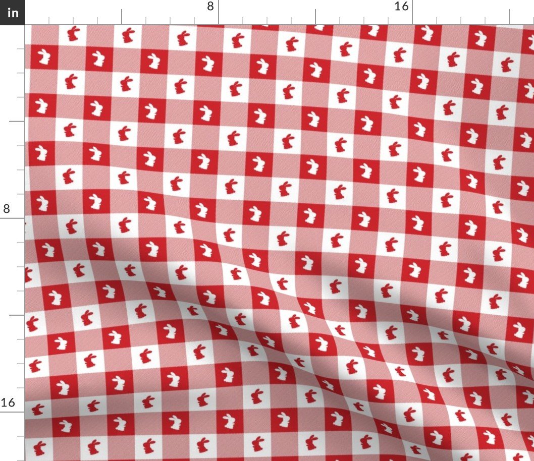 Poppy Red and White Gingham Easter Check with Center Bunny Medallions in Poppy Red and White Fabric