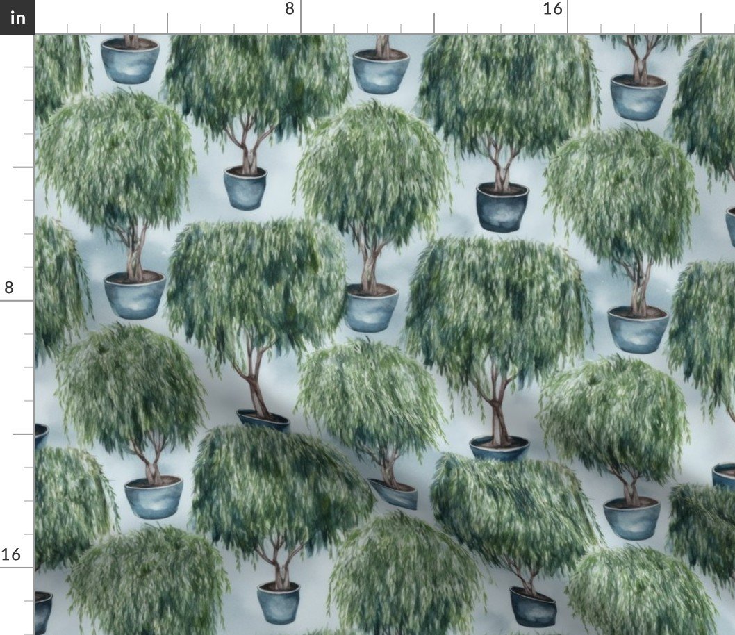 Potted Green  Baby Weeping Willow Tree Plants Watercolor on Pale Blue Fabric