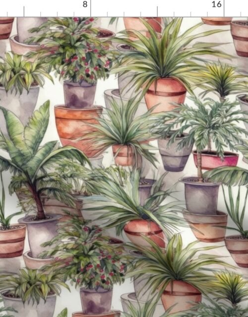 Potted Green  House Palms Watercolor Fabric