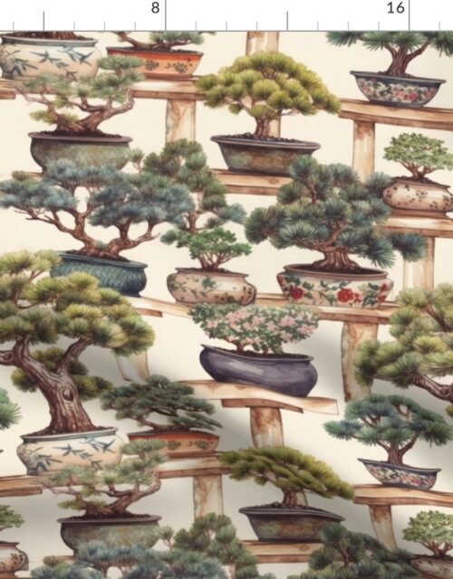 Potted Japanese Bonsai Trees Watercolor Fabric