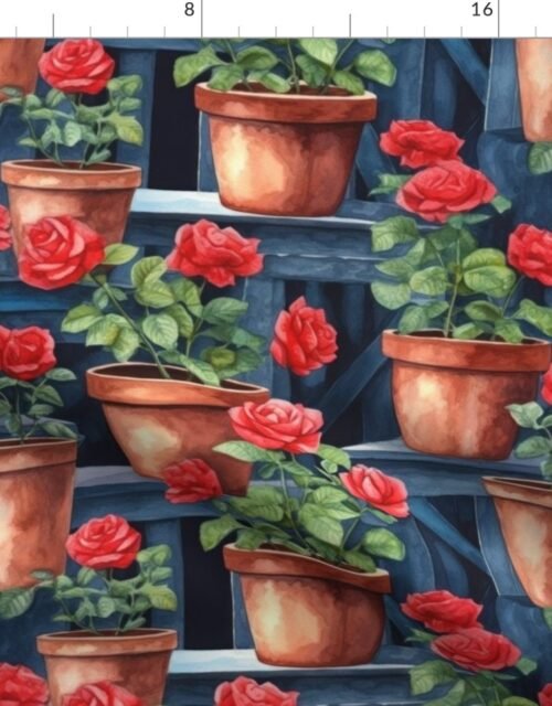 Potted Red Rose Plants Watercolor on Blue Shelves Fabric
