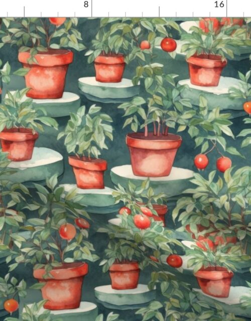 Potted Tomato Plants Watercolor on Green Fabric
