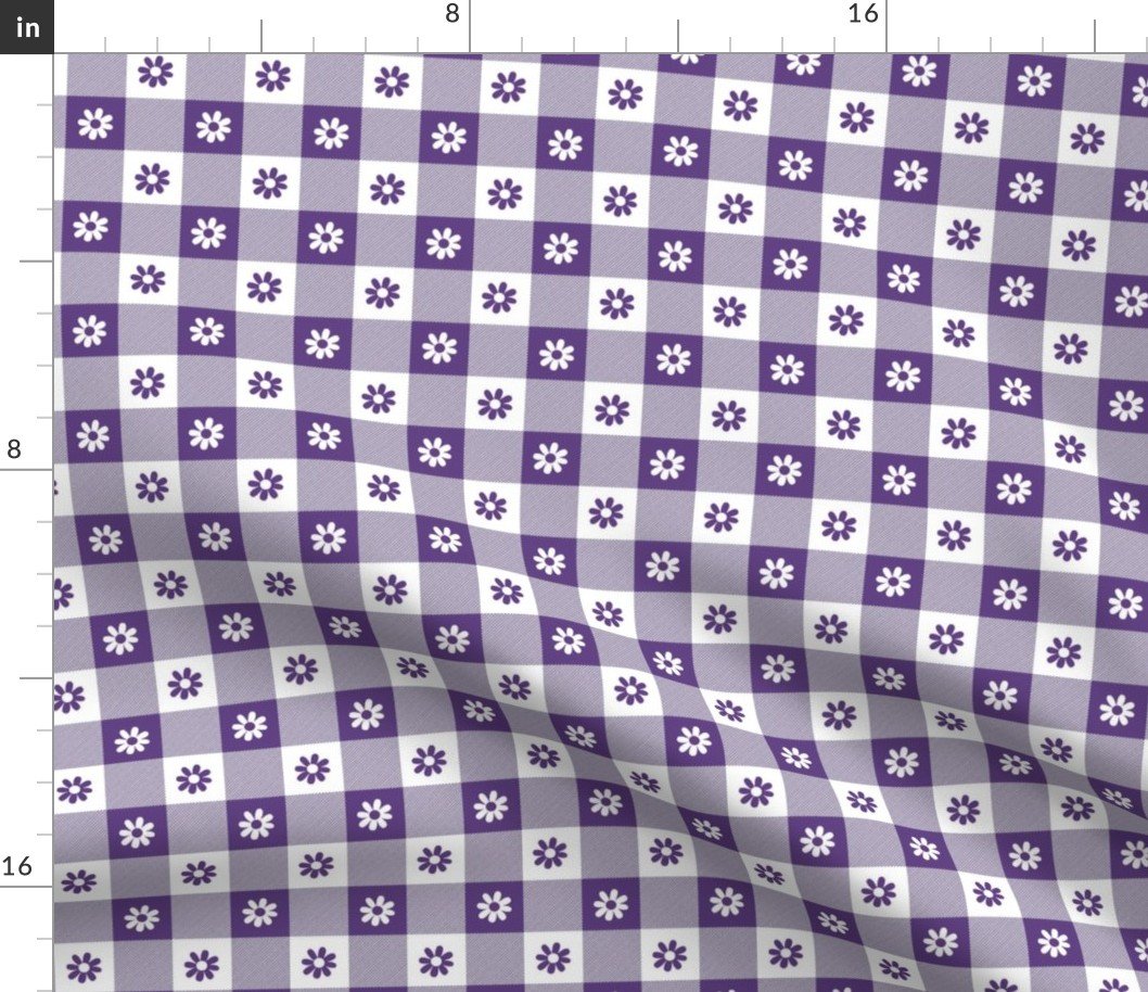 Purple Grape and White Gingham Check with Center Floral Medallions in Purple and White Fabric