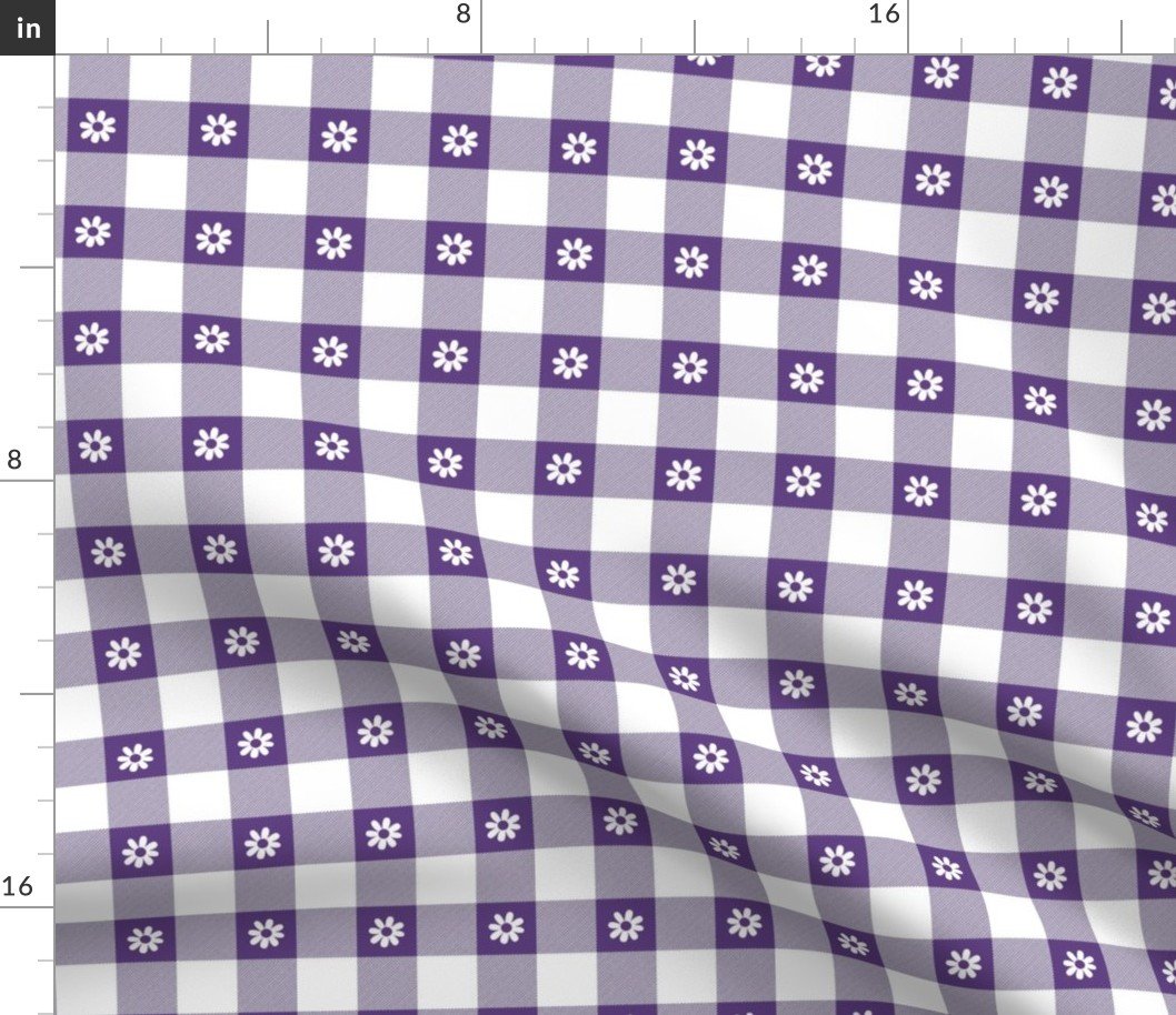 Purple Grape and White Gingham Check with Center Floral Medallions in White Fabric