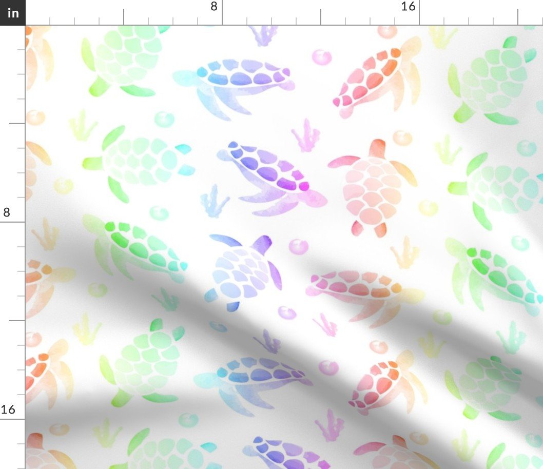 Rainbow Ombre Watercolor Sea Turtle Print Fabric