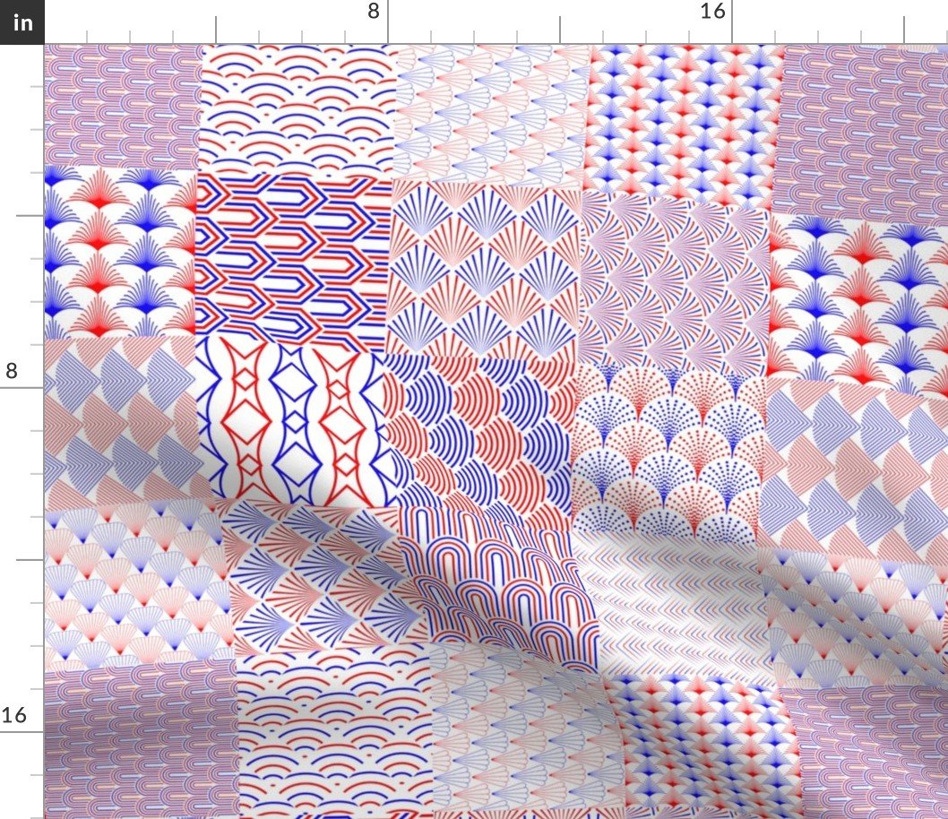 Red, White  and Blue USA 4 inch Squares Art Deco Cheater Quilt Geometrics Fabric