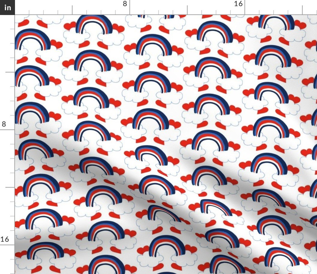 Red, White and Blue Flag Colored Rainbow Bridge with Red Love Hearts and White Clouds Fabric