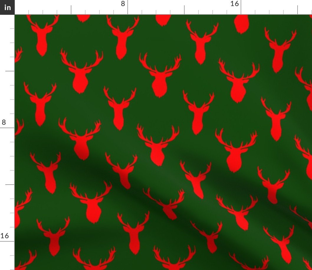 Red Buck Deer Trophy Heads with Antler Racks Mounted on Green Fabric