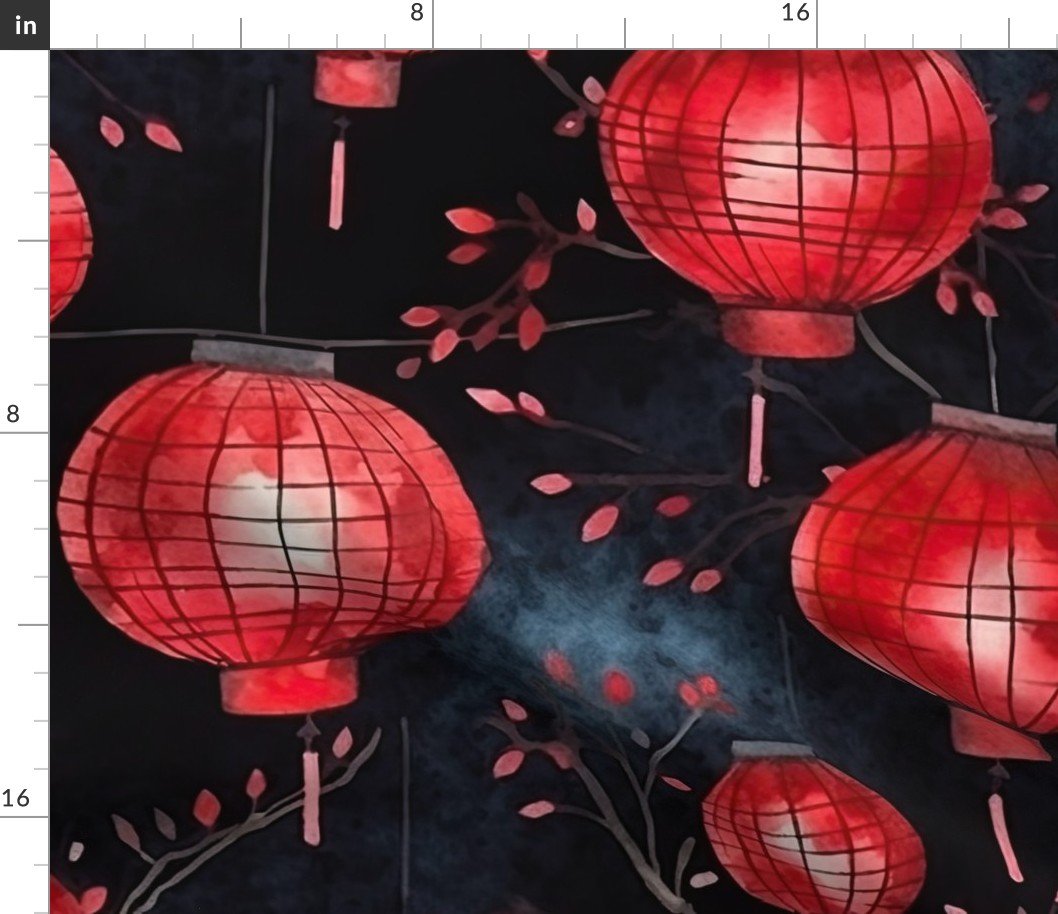 Red Glowing Chinese Paper Lanterns Watercolor Fabric