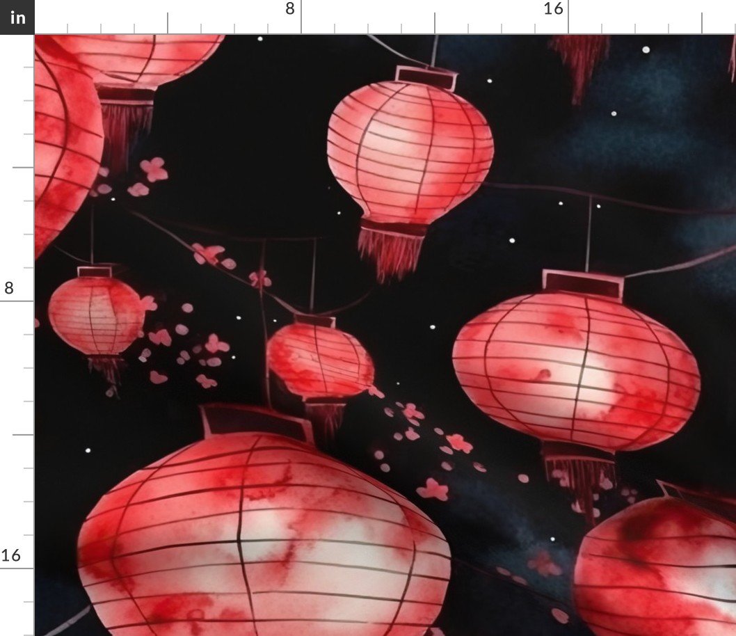 Red Glowing Chinese Paper Lanterns Watercolor Fabric