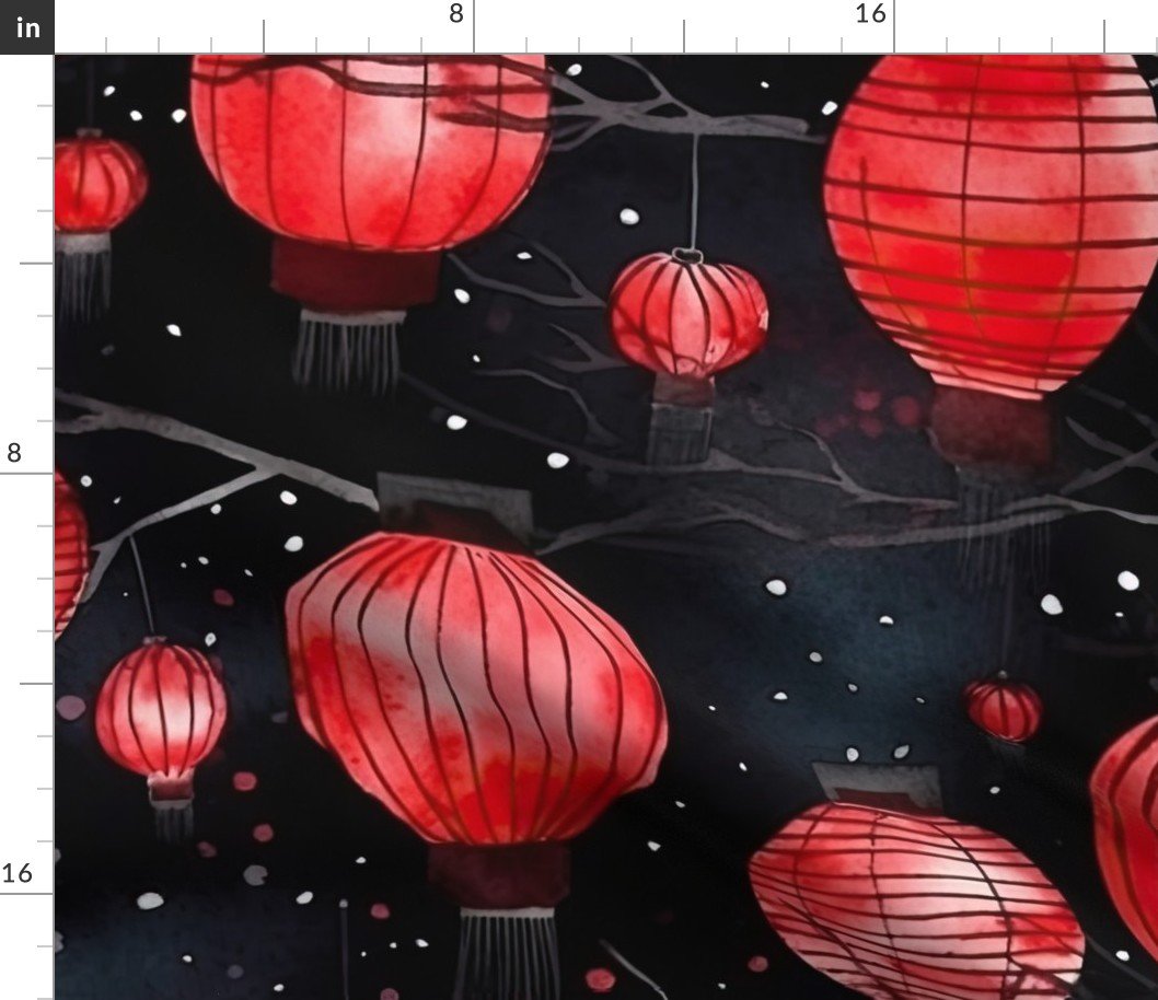Red Glowing Chinese Paper Lanterns Watercolor Fabric