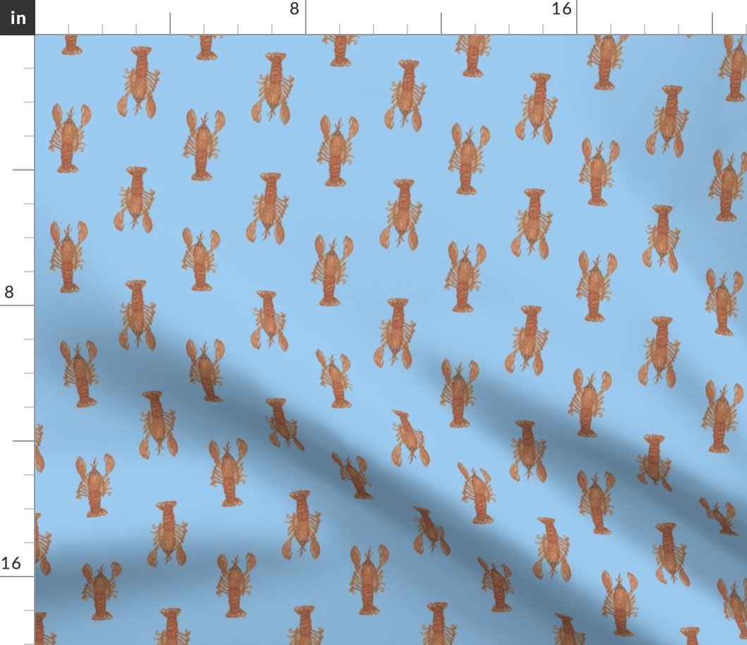 Red Lobsters Staggered on Blue Fabric