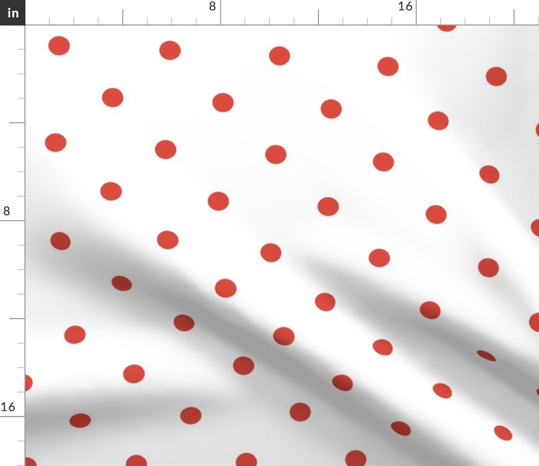 Red Vermillion Polka Dots on Vintage Christmas Snowy White Fabric