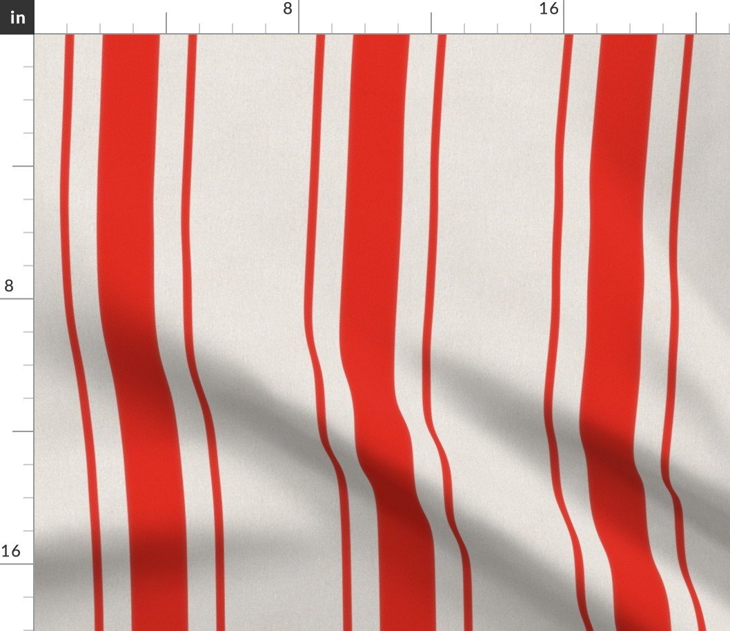 Ruby Red Antique Vintage Mattress Ticking Stripe on Cream Fabric
