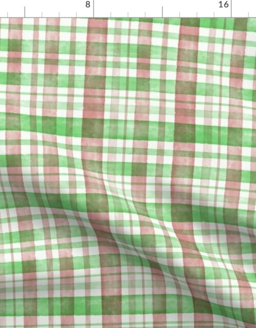 Rust Red and Green Watercolor Tartan Checked Plaid Fabric