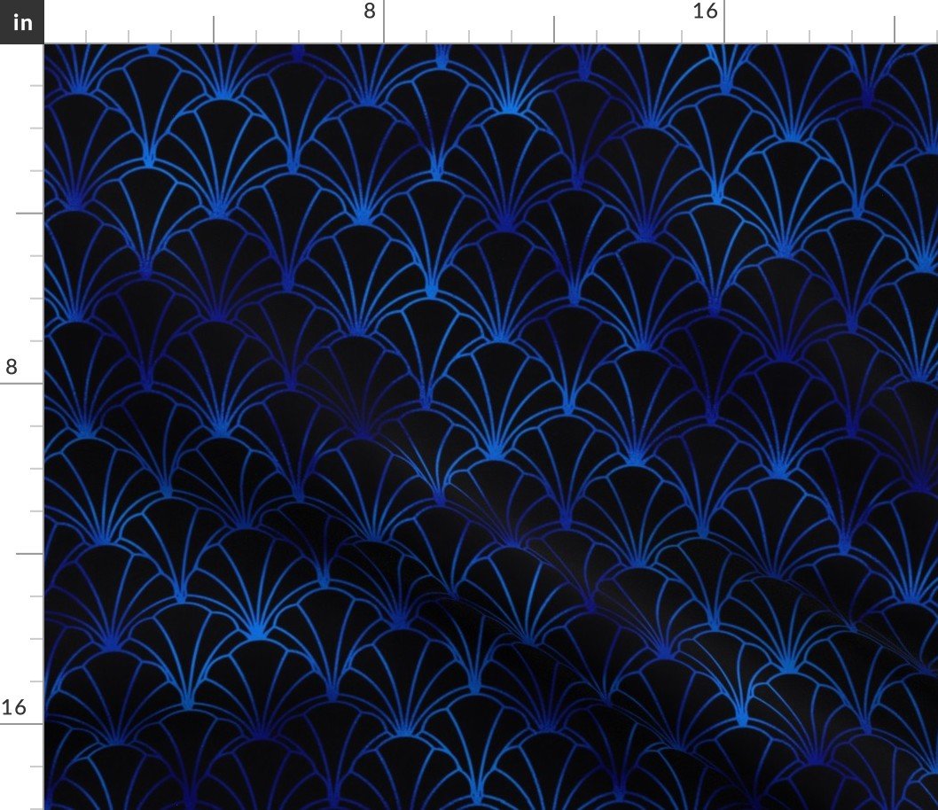 Scallop Shells in Black and Classic Blue Art Deco Vintage Faux Foil Pattern Fabric