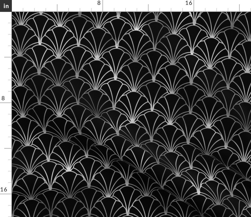 Scallop Shells in Black and Faux Silver Foil Art Deco Vintage Foil Pattern Fabric