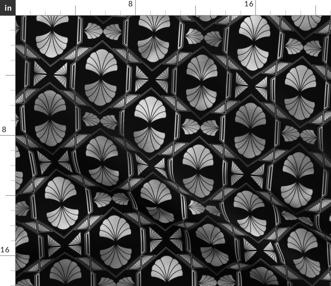 Scallop Shells in Black and Faux Silver Foil Art Deco Vintage Foil Pattern Fabric