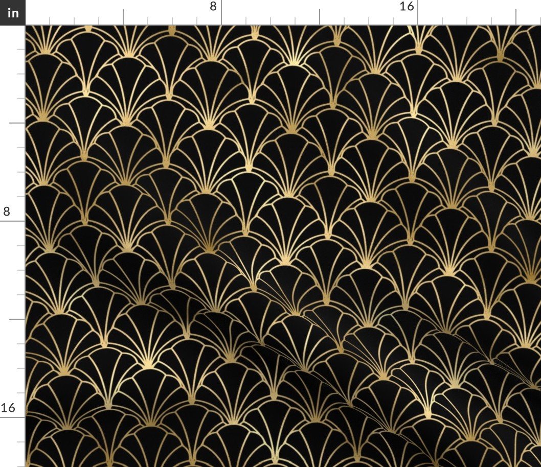 Scallop Shells in Black and Gold Art Deco Vintage Foil Pattern Fabric
