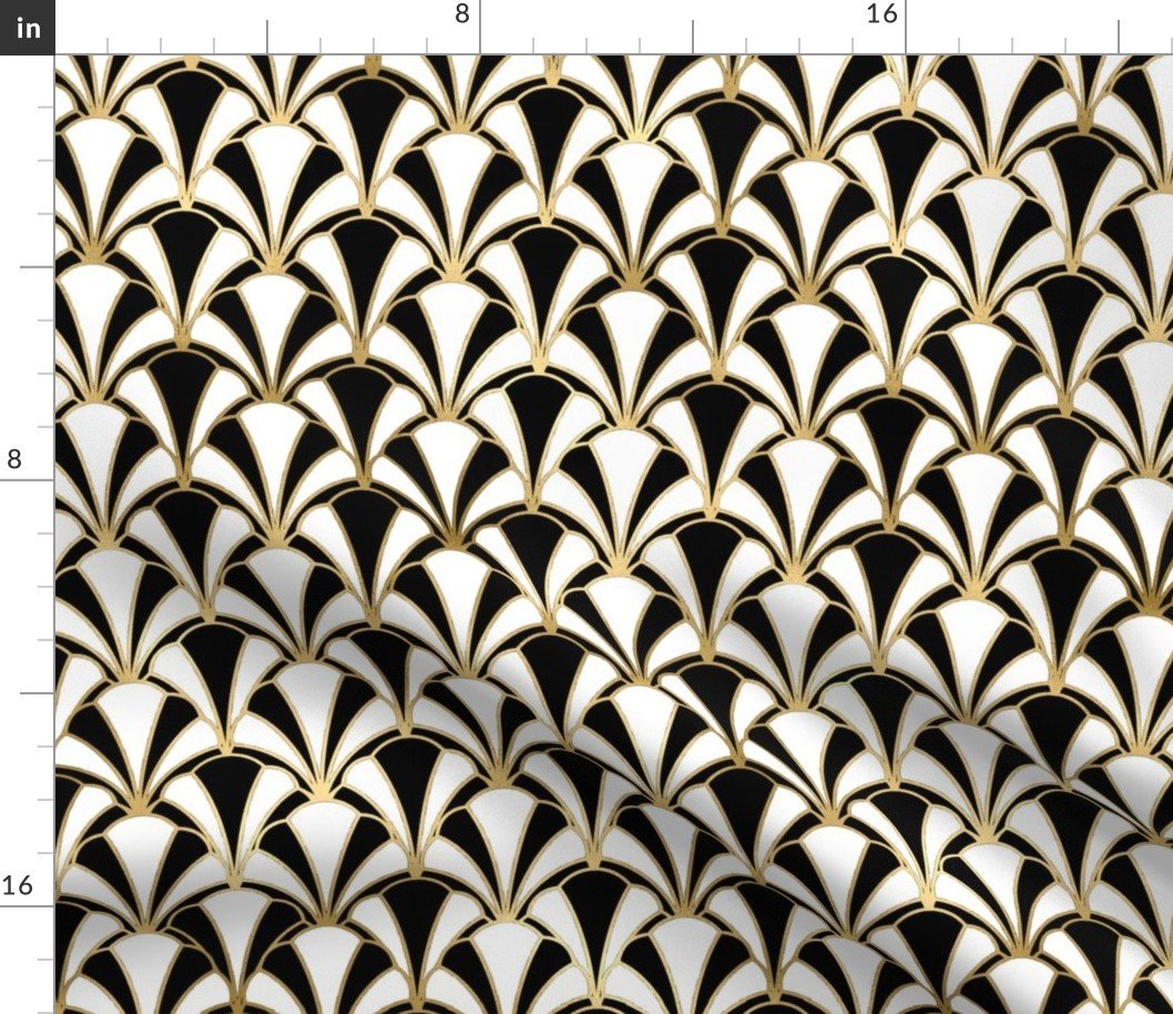 Scallop Shells in Black and Gold Art Deco Vintage Foil Pattern Fabric