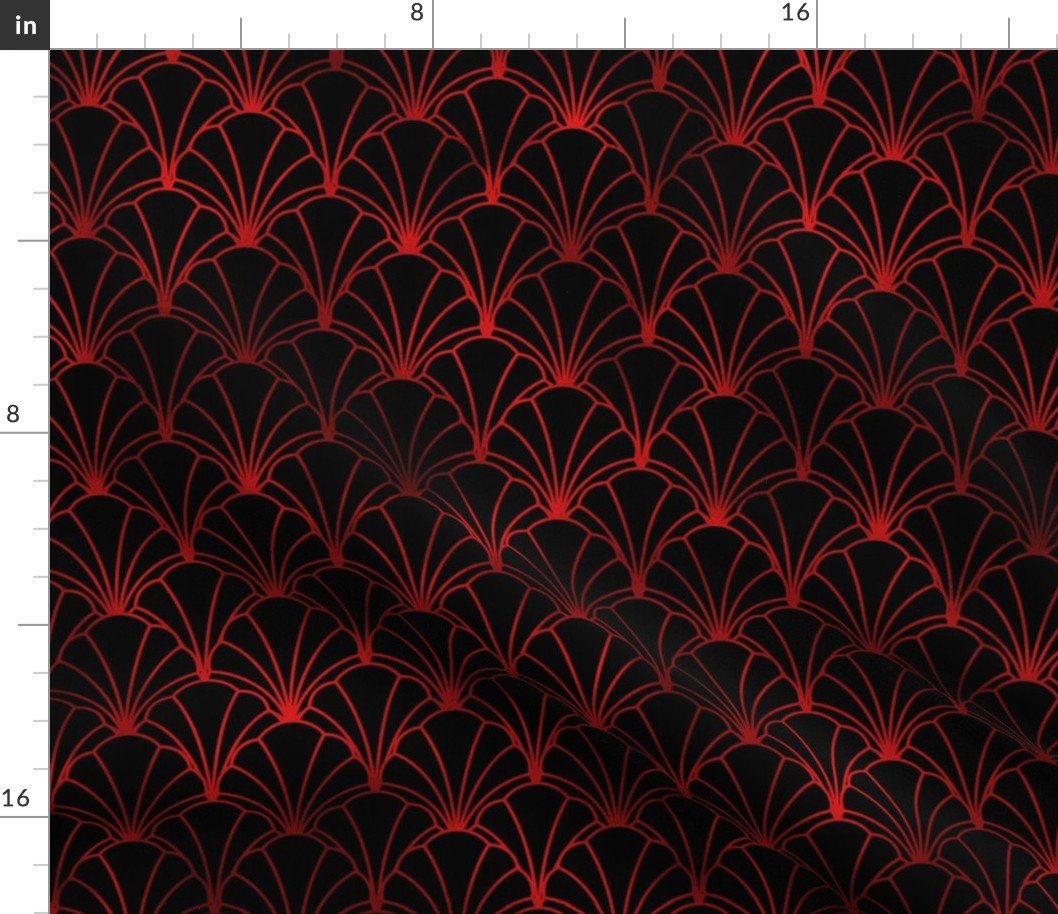 Scallop Shells in Black and Ruby Red Art Deco Vintage Faux Foil Pattern Fabric