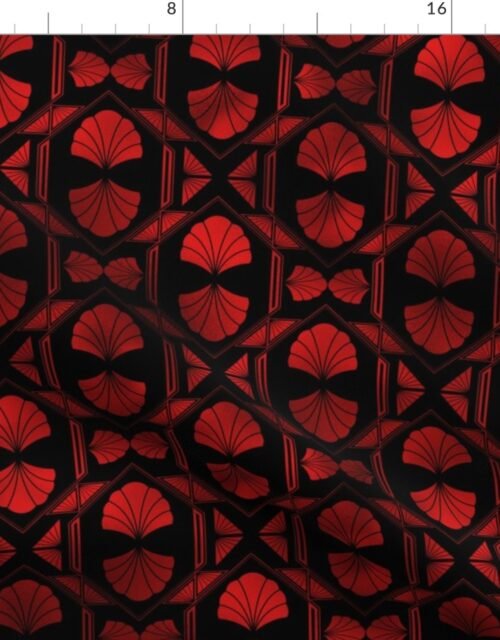 Scallop Shells in Black and Ruby Red Art Deco Vintage Faux Foil Pattern Fabric