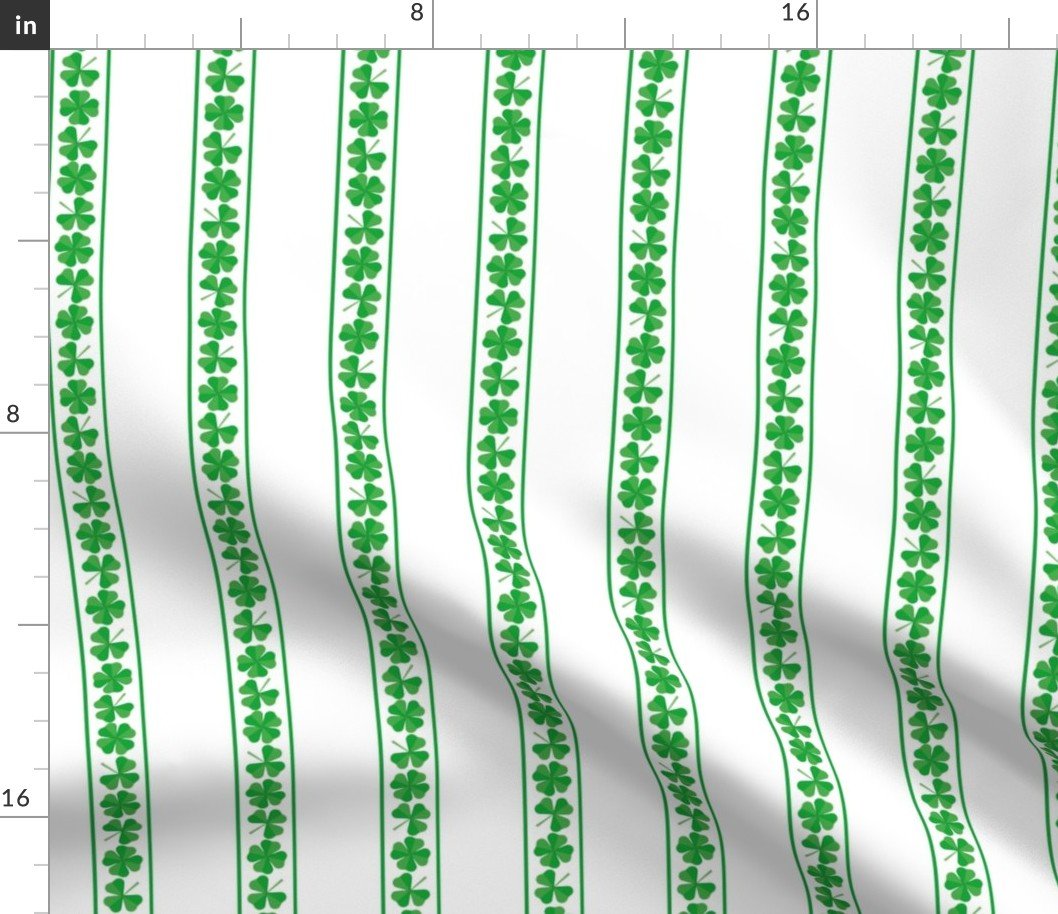 Single  Striped St. Patricks 3 and 4-Leafed Shamrocks in Kelly Green on White Fabric