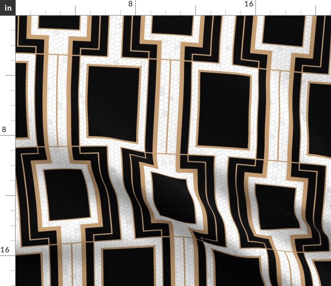 Small Art Deco Geometric Rectangles in Black and Faux Gold with Off-White Eggshell Craquelure Pattern Fabric